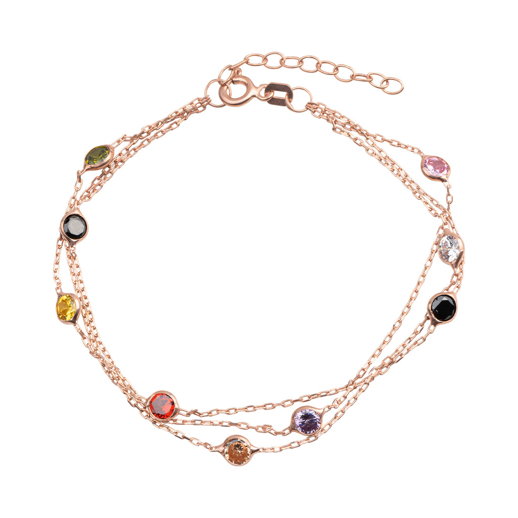 925 Sterling silver, rose gold plated layered chain bracelet with colorful beads.
