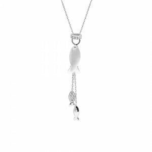 Silver rhodium plated necklace, with fish pendant made of mother of pearl necklace.