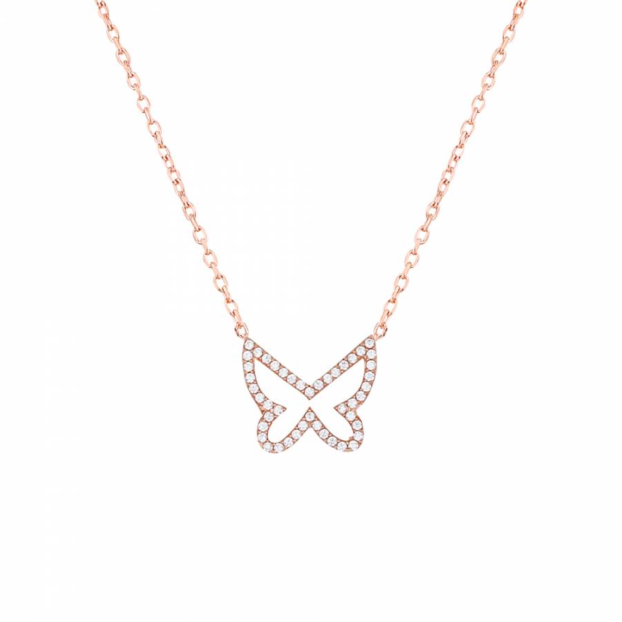 Rose gold plated silver necklace with butterfly pendant which has white zirconia stones on it.
