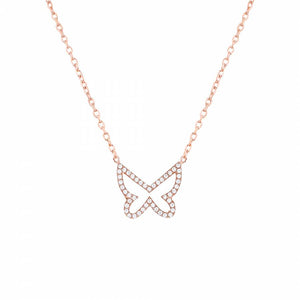 Rose gold plated silver necklace with butterfly pendant which has white zirconia stones on it.