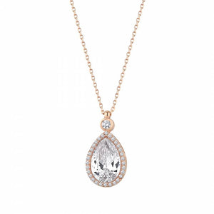 Rose gold plated silver necklace with pear shape pendant which surrounded with tiny zirconia stones.