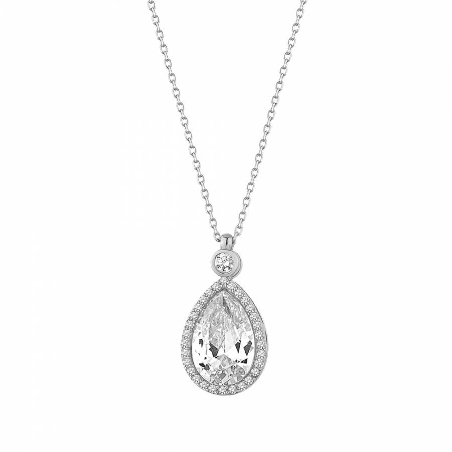 Rhodium plated silver necklace with pear shape pendant which surrounded with tiny zirconia stones.