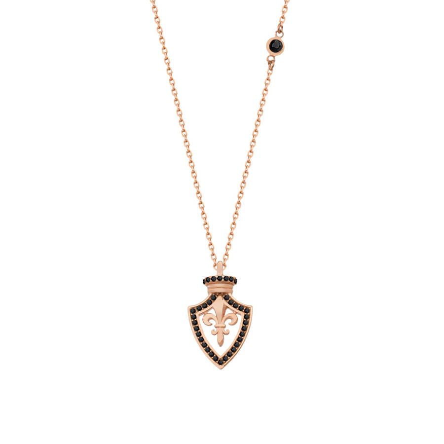 Rose gold plated silver necklace with Fleur-de-lis pendant with black zirconia stones.