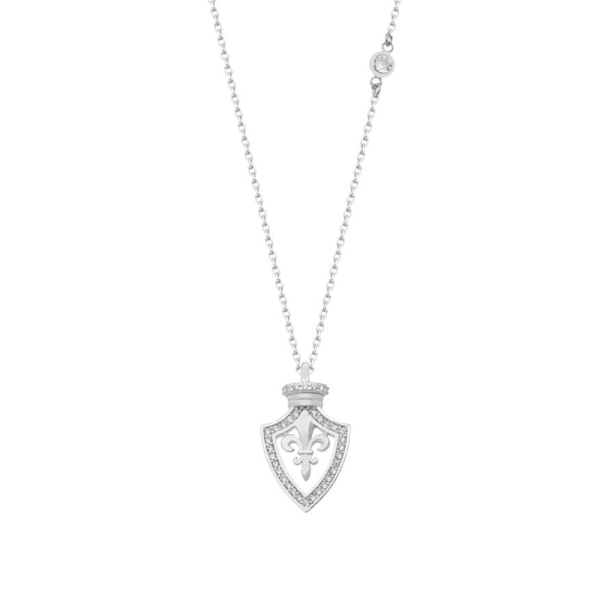 Rhodium plated silver necklace with Fleur-de-lis pendant decorated with white zirconia stones.