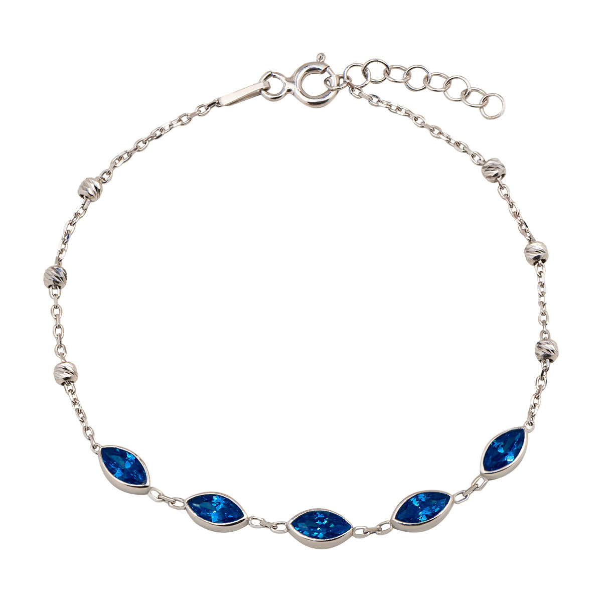 925 Sterling silver bracelet with almond shape beads with navy blue zirconia stones.