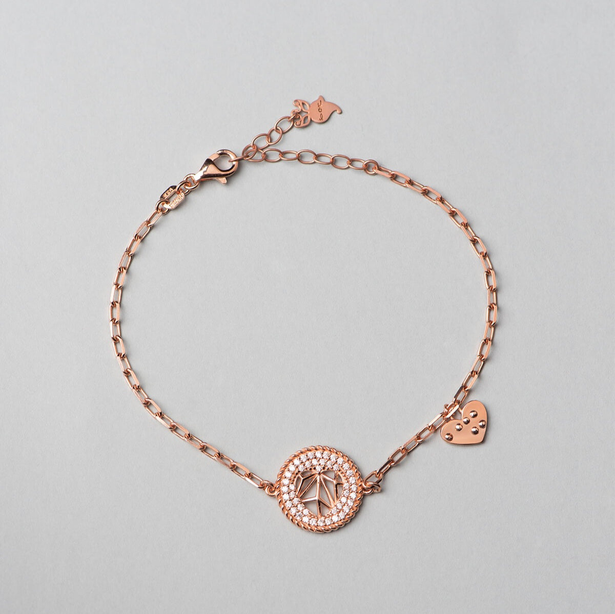 925 sterling silver, rose gold plated bracelet with zirconia, heart shape pendant.