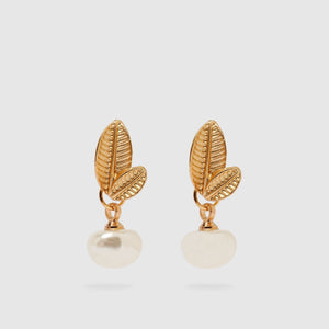 Faux Pearl Earrings with Golden Leaves