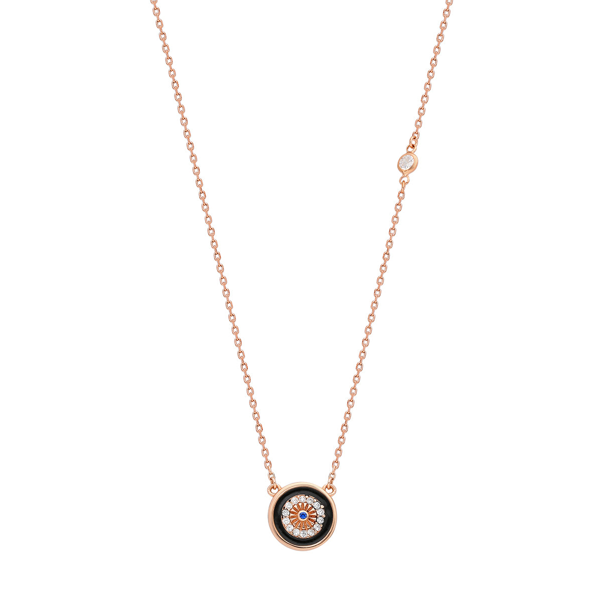 925 Sterling silver, rose gold plated necklace with black enamel and zirconia stones circle pendant.