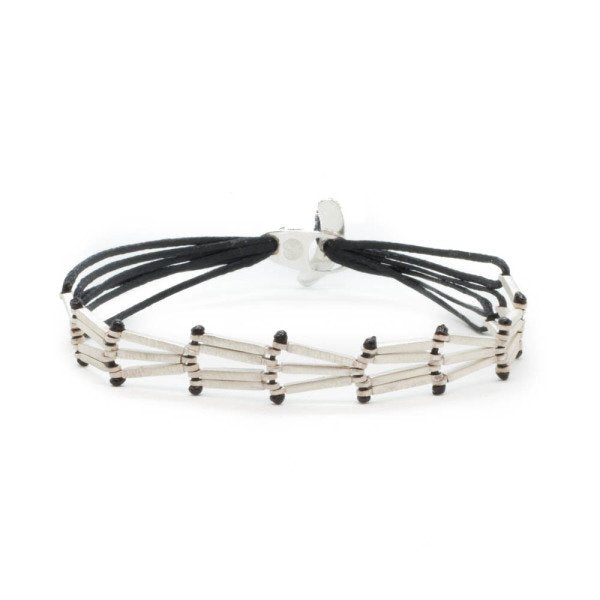Hand made, custom design bracelet with consecutive silver strands which are connected with black string.