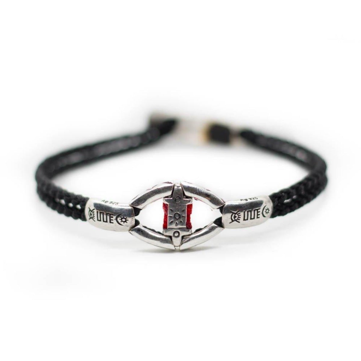 Custom design silver bracelet with a symbol called devotion with hand braided black string, 