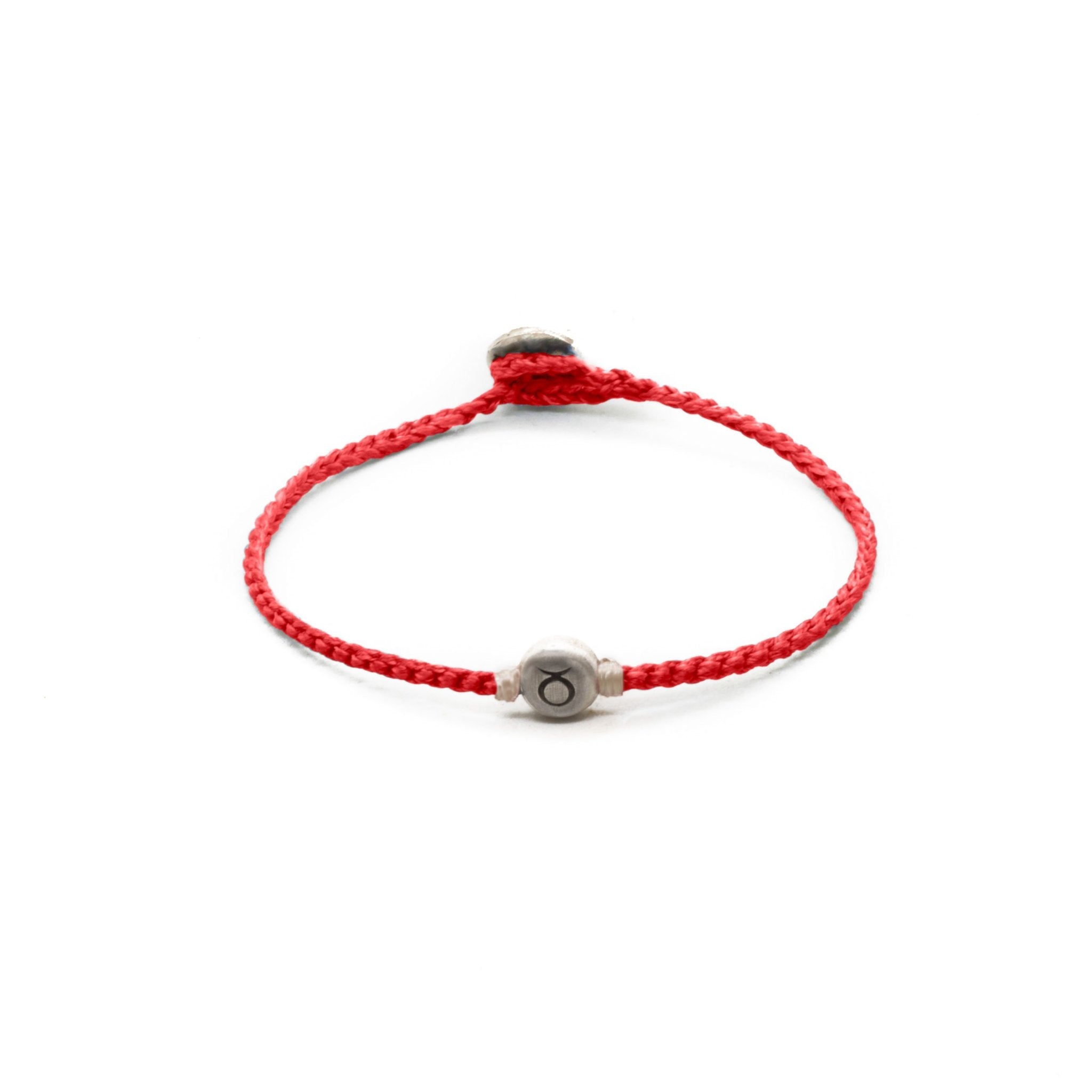 Silver Taurus zodiac sign bracelet with red hand braided chain.