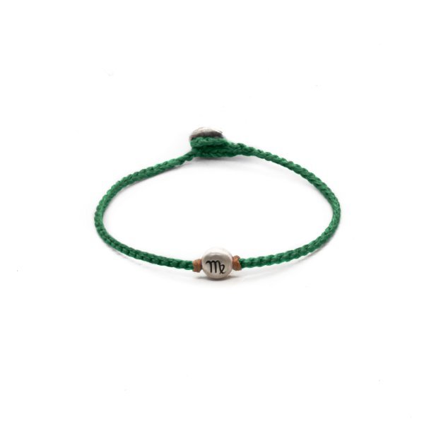 Silver Virgo zodiac sign bracelet with green  hand braided chain.