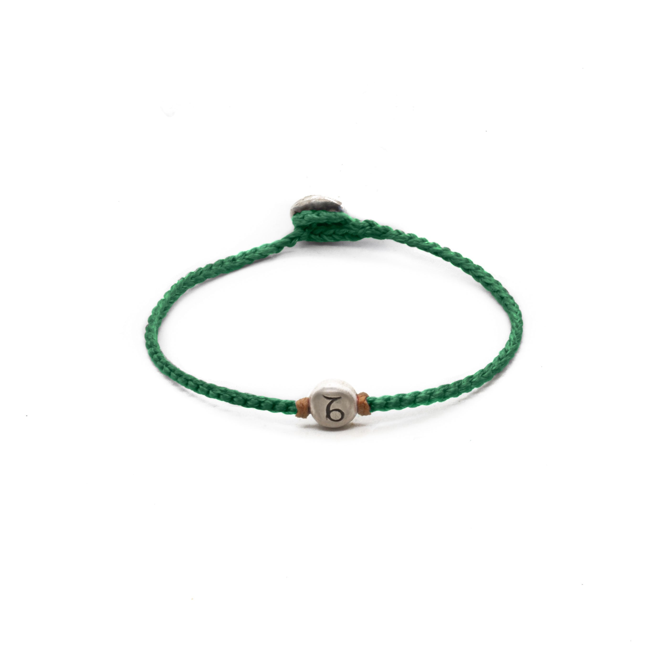 Silver Capricorn zodiac sign bracelet with green hand braided chain.
