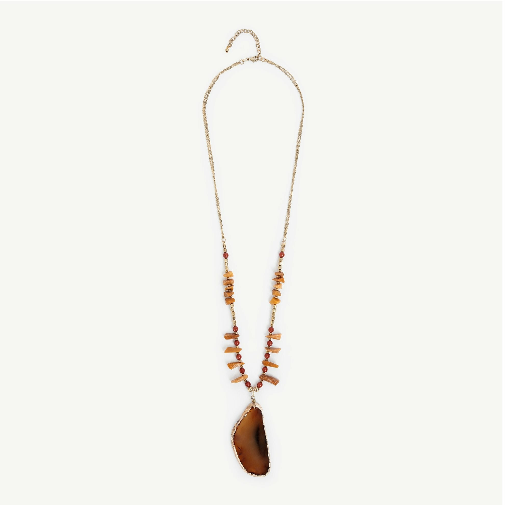 Brown natural stone necklace complete look.