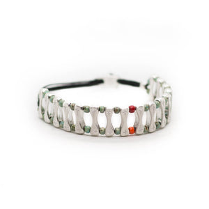 Custom design bracelet with silver sticks, positive sign on it with black string.
