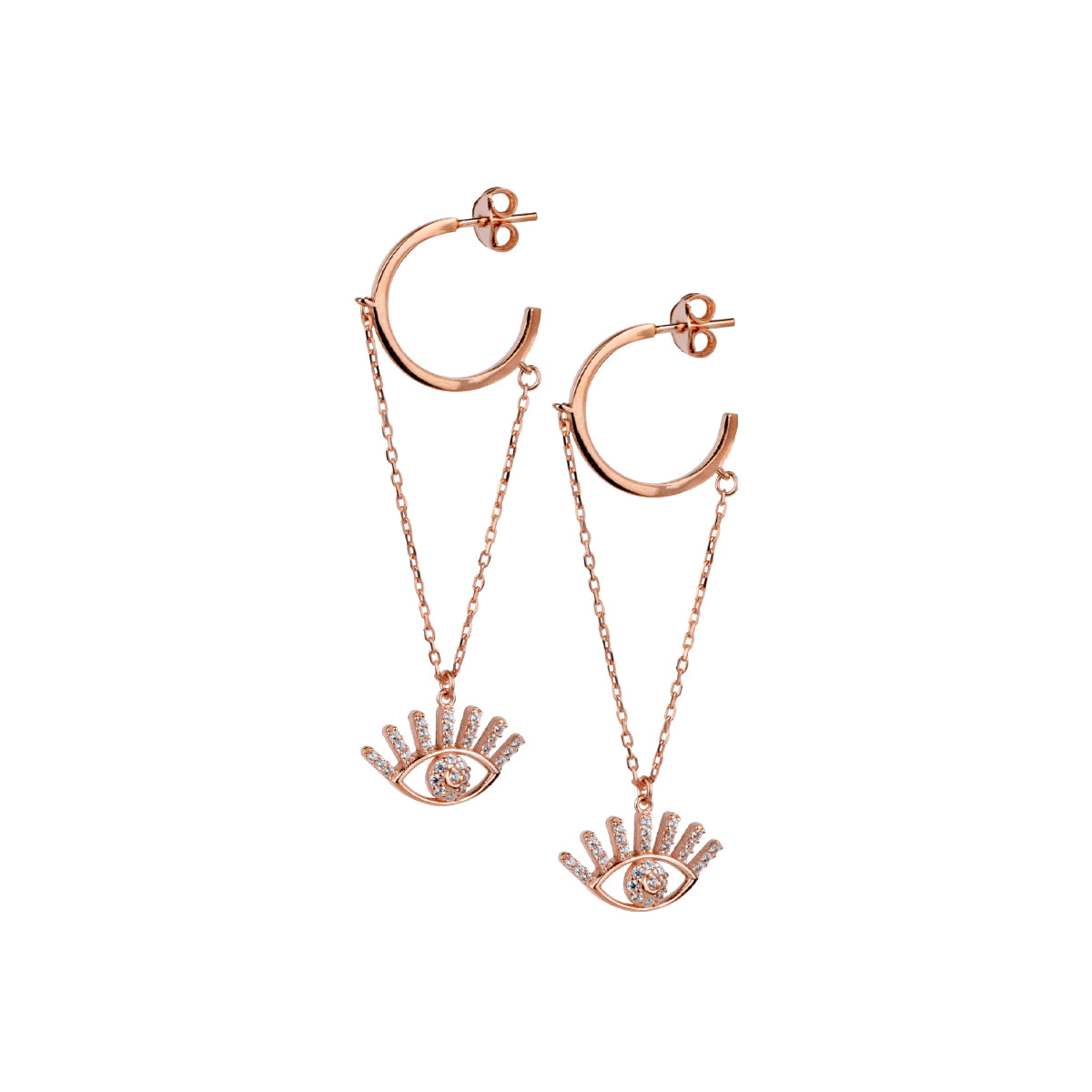 925 Sterling silver, rose gold plated twinkle eye pendant earrings decorated with white zirconia stones.