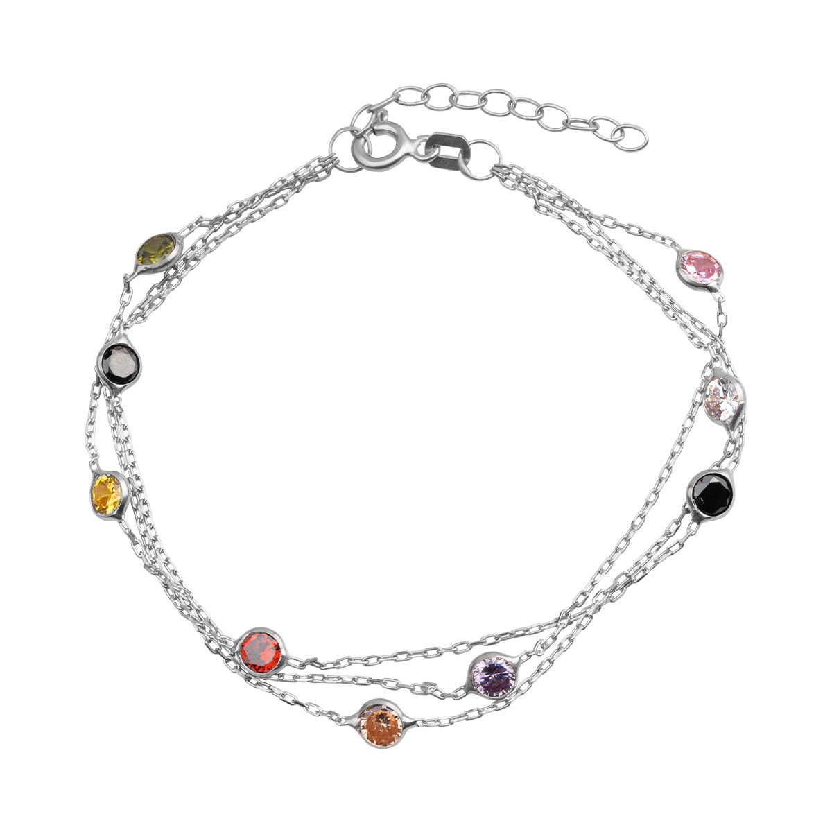 925 Sterling silver rhodium plated, layered chain bracelet with colorful beads.
