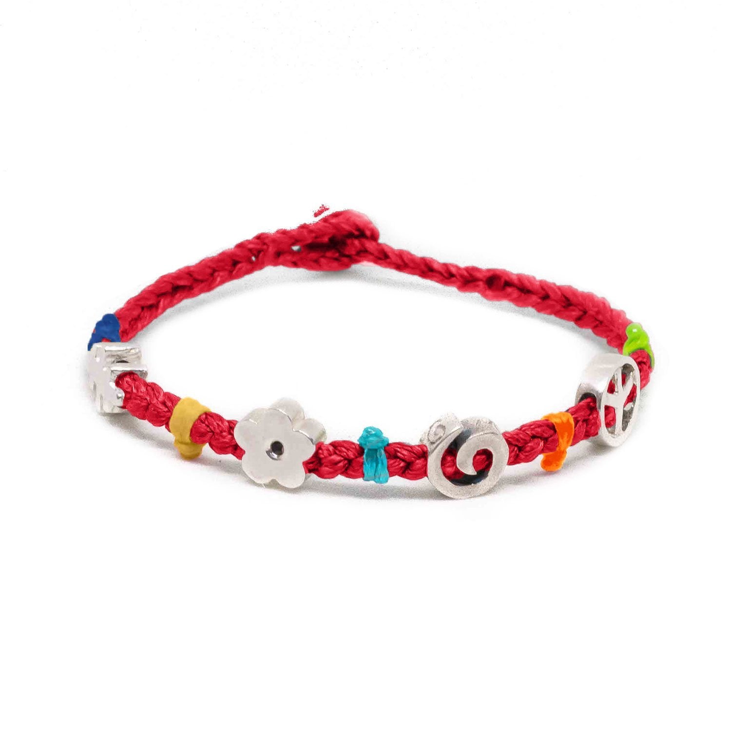 Red, hand beaded string bracelet with silver beads which are the symbols of soul, peace, flower and communication