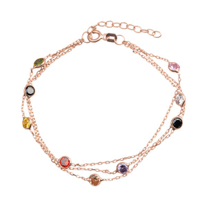 925 Sterling silver, rose gold plated layered chain bracelet with colorful beads.