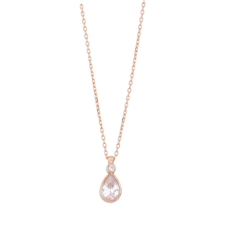 Rose gold plated sterling silver necklace with pear shape pendant.